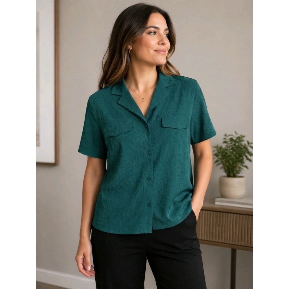 Athleta Echo Top Teal Green Textured Button Down Camp Shirt 587908 Medium NEW